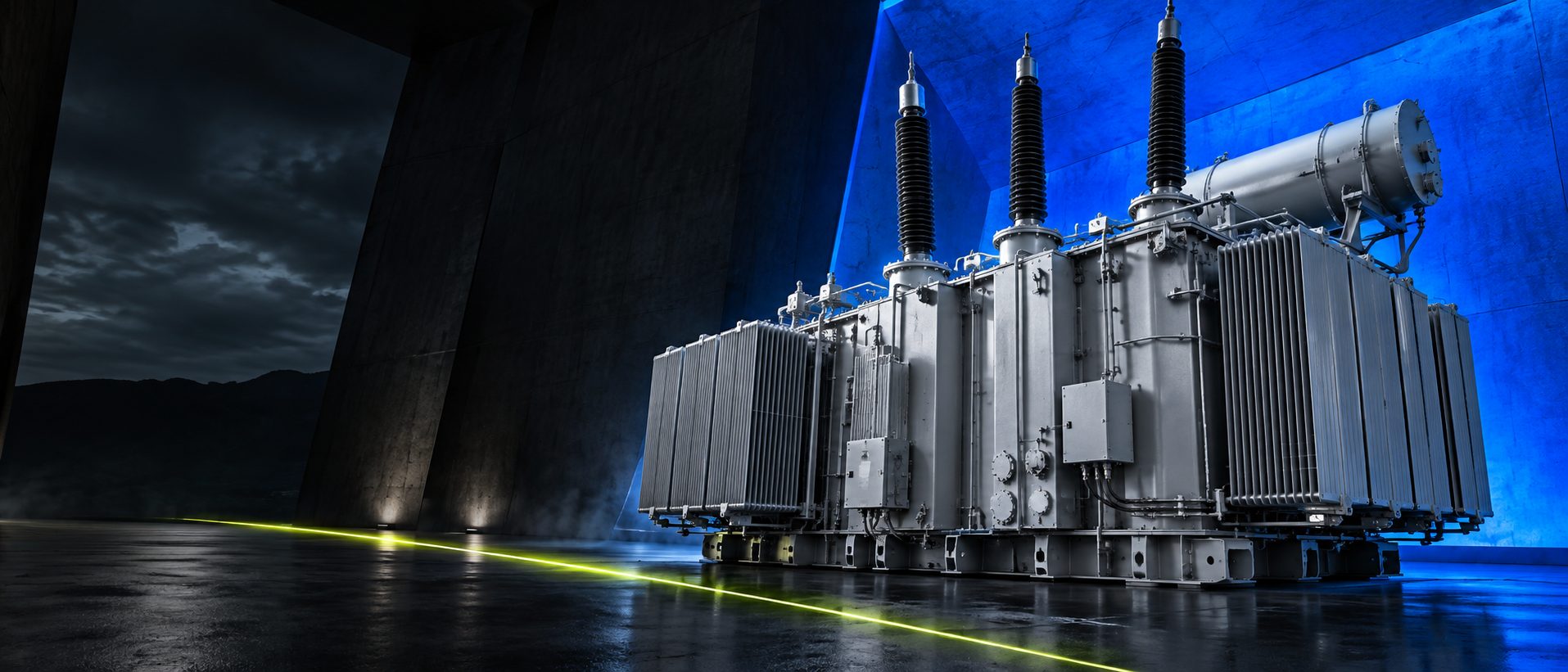 Large power transformer with high-voltage bushings, lit in blue inside a concrete hall