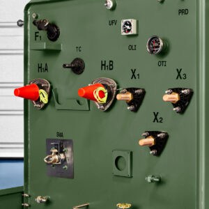Single-phase pad-mounted transformer front compartment with terminals and gauges