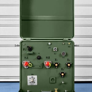 Open single-phase pad-mounted transformer with connection points