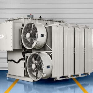 Substation power transformer with radiator bank and fan cooling