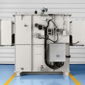 Substation transformer rear panel with gauges and control box