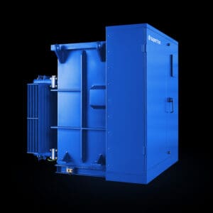 Three-phase pad-mounted transformer, rear side view with cooling radiator