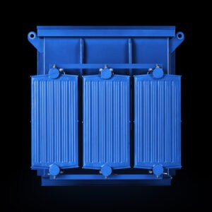 Three-phase pad-mounted transformer, front view with external radiator panels